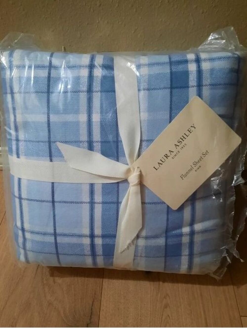 Laura Ashley King Size Flannel Sheet Set Blue Plaid Cotton Bedding New